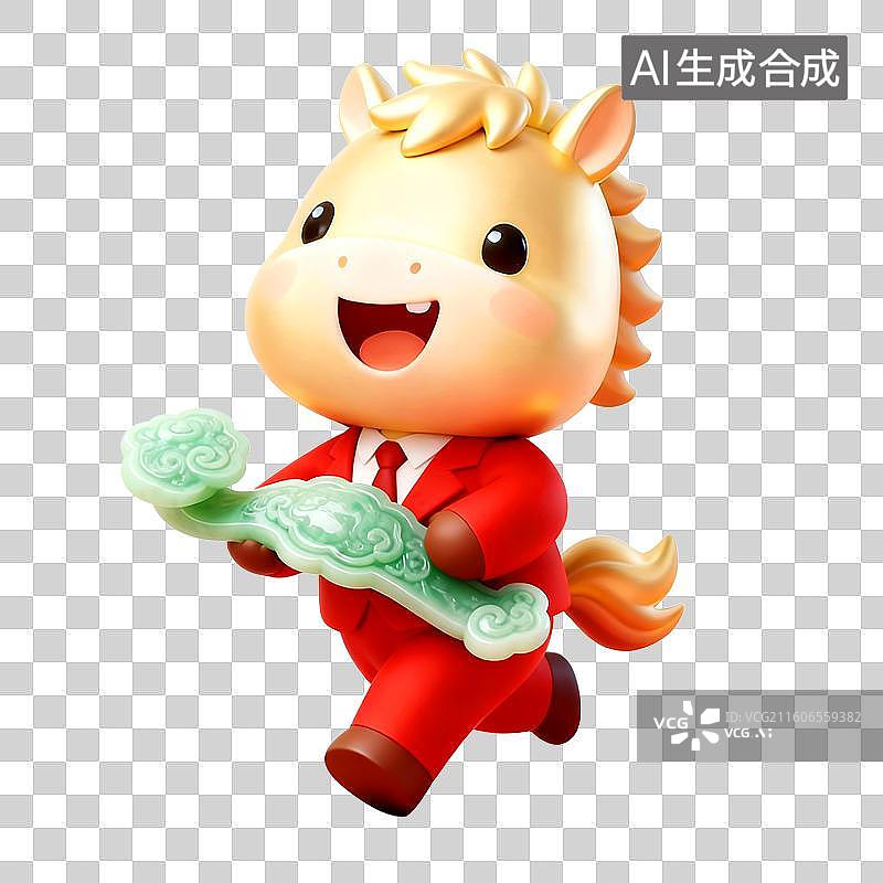 【AI数字艺术】3D穿着红色西装的可爱拟人马年金色小马抱着玉如意祝贺2026年吉祥如意图片素材