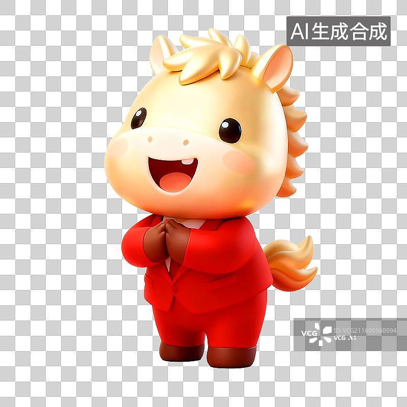 【AI数字艺术】3D穿着红色西装的可爱拟人马年金色小马双手合十作揖拜年图片素材