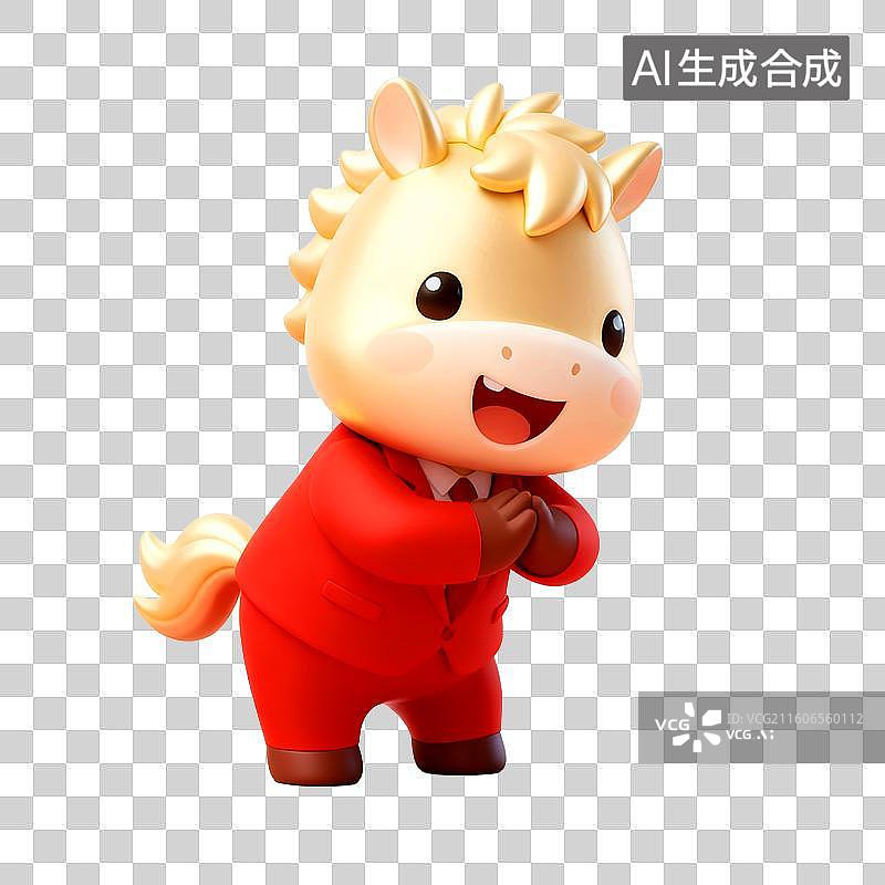 【AI数字艺术】3D穿着红色西装的可爱拟人马年金色小马双手合十作揖拜年图片素材