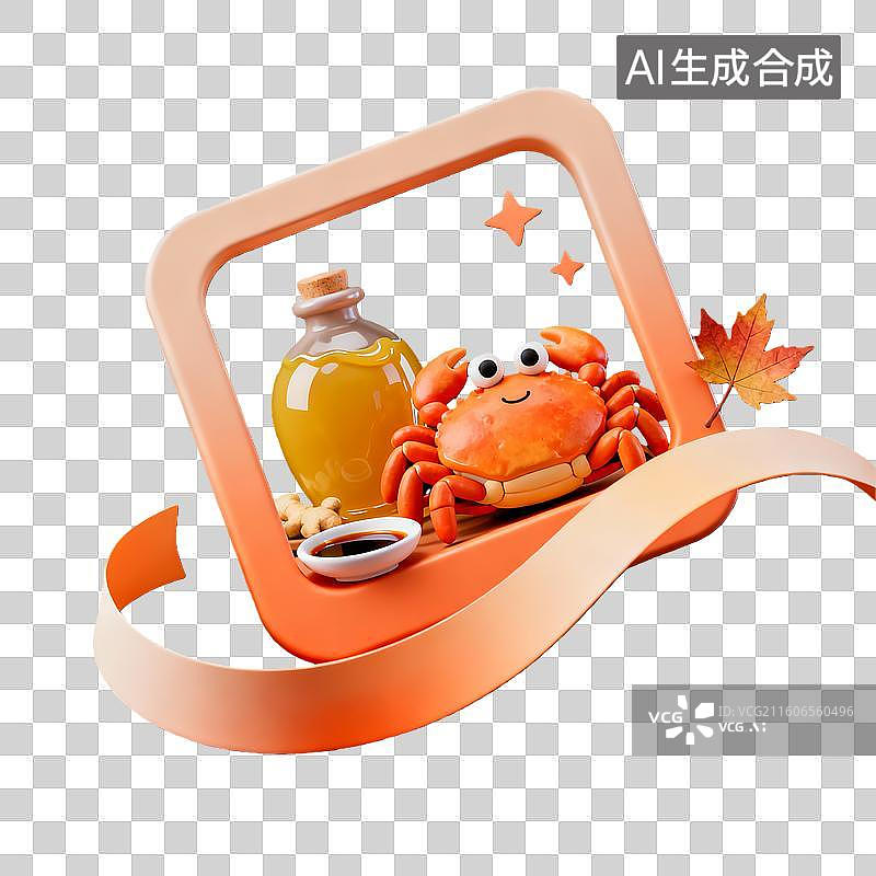 【AI数字艺术】3d卡通粘土二十四 节气立秋黄酒蟹橙色装饰边框元素图片素材