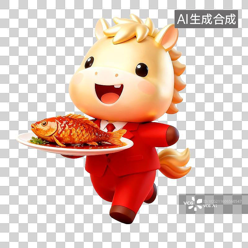 【AI数字艺术】3D穿着红色西装的可爱拟人马年金色小马端着年夜饭红烧鱼跑来参加聚会图片素材