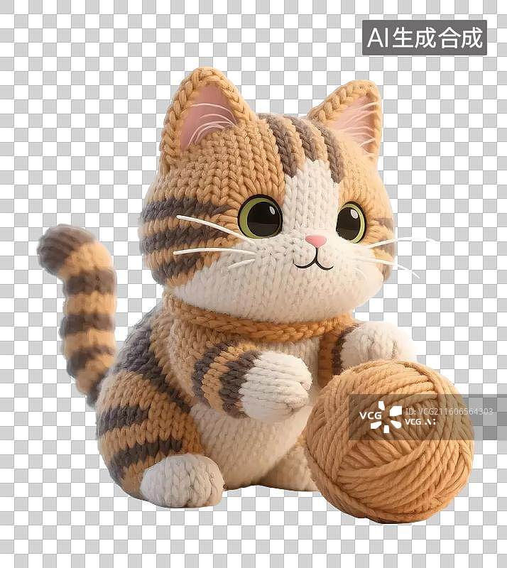 【AI数字艺术】AIGC:毛线风格小猫和毛线球，宠物玩具，元素，免抠图形图片素材