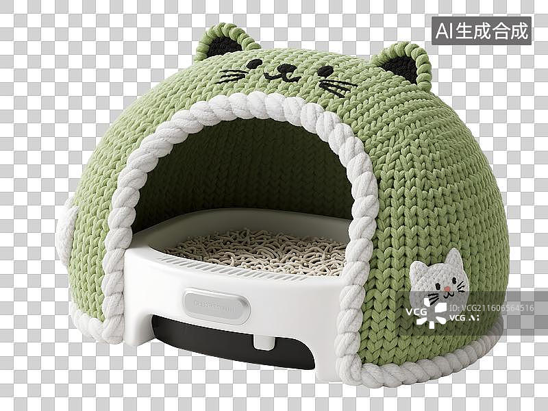 【AI数字艺术】AIGC:毛线风格自动猫砂盆，宠物用品，元素，免抠图形图片素材