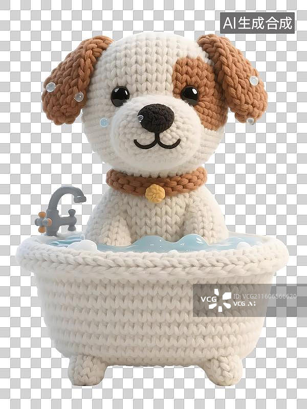 【AI数字艺术】AIGC:3D毛线风格在浴缸里洗澡的小狗，宠物美容，清洁，宠物健康，设计元素，免抠图形图片素材