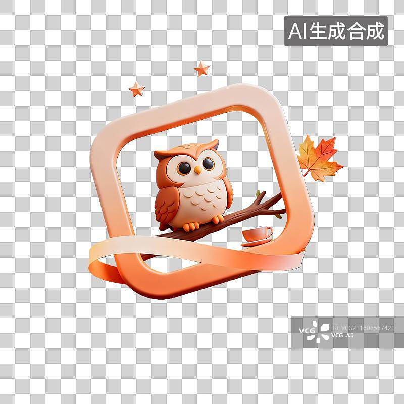 【AI数字艺术】3d卡通粘土二十四节气白露猫头鹰橙色装饰边框元素图片素材