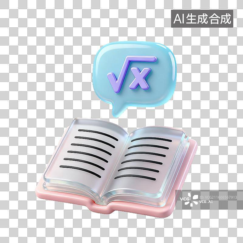 【AI数字艺术】3D磨砂玻璃材质教育主题打开的教科书平方根数学符号元素图片素材