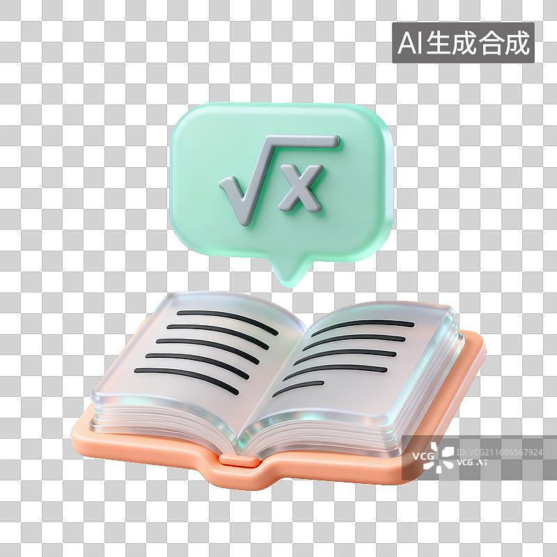 【AI数字艺术】3D磨砂玻璃材质教育主题打开的教科书平方根数学符号元素图片素材