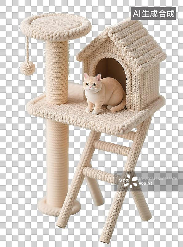 【AI数字艺术】AIGC:3D毛线风格猫爬架和猫，宠物玩具，元素，免抠图形图片素材
