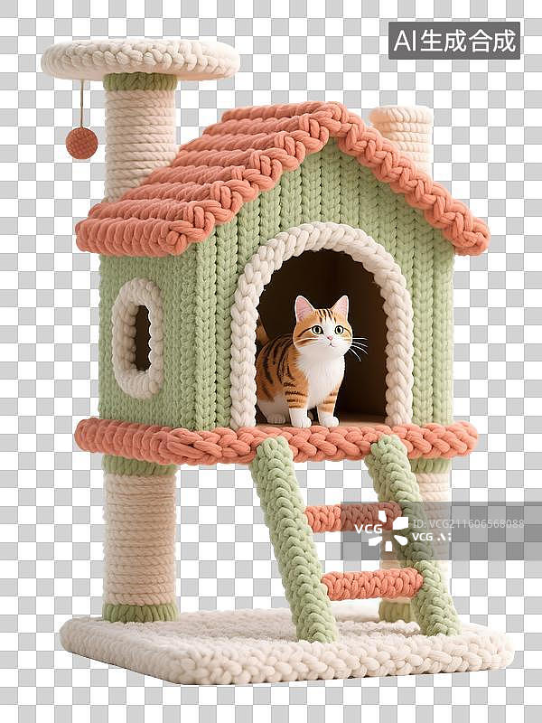 【AI数字艺术】AIGC:3D毛线风格猫爬架和猫，宠物玩具，元素，免抠图形图片素材