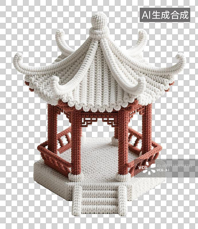 【AI数字艺术】AIGC:毛线风格国潮风中式建筑凉亭，七夕节装饰，元素，免抠图形图片素材