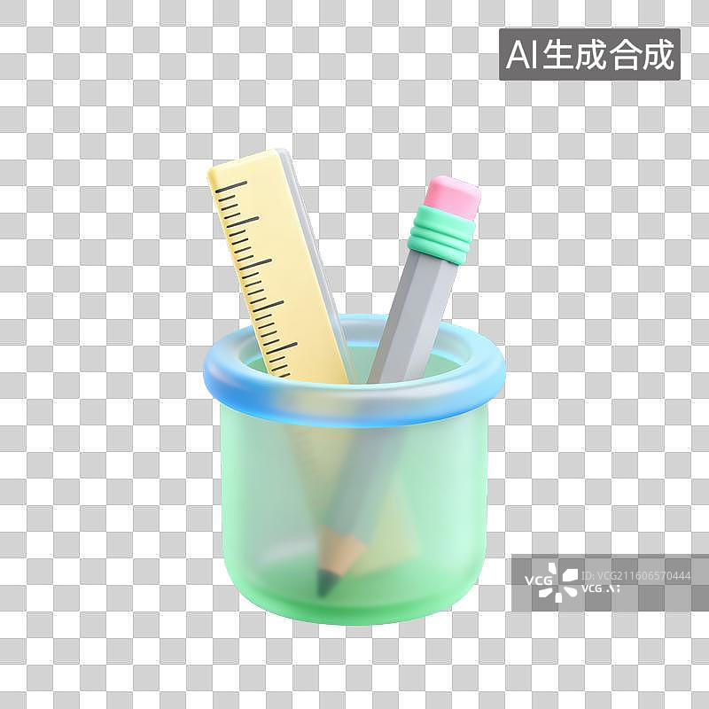 【AI数字艺术】3D磨砂玻璃材质教育主题笔筒钱币尺子学习用具元素图片素材