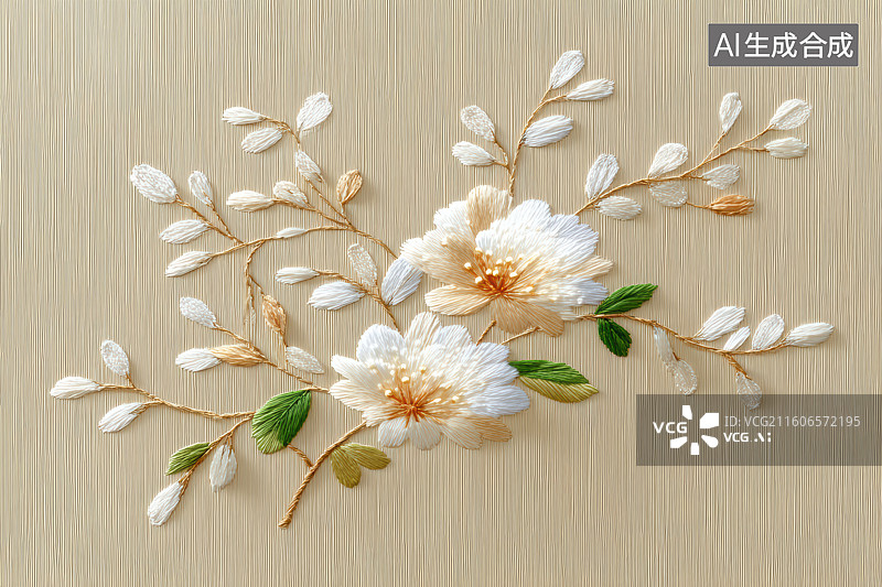 【AI数字艺术】刺绣金叶白花精美织物艺术细节图片素材