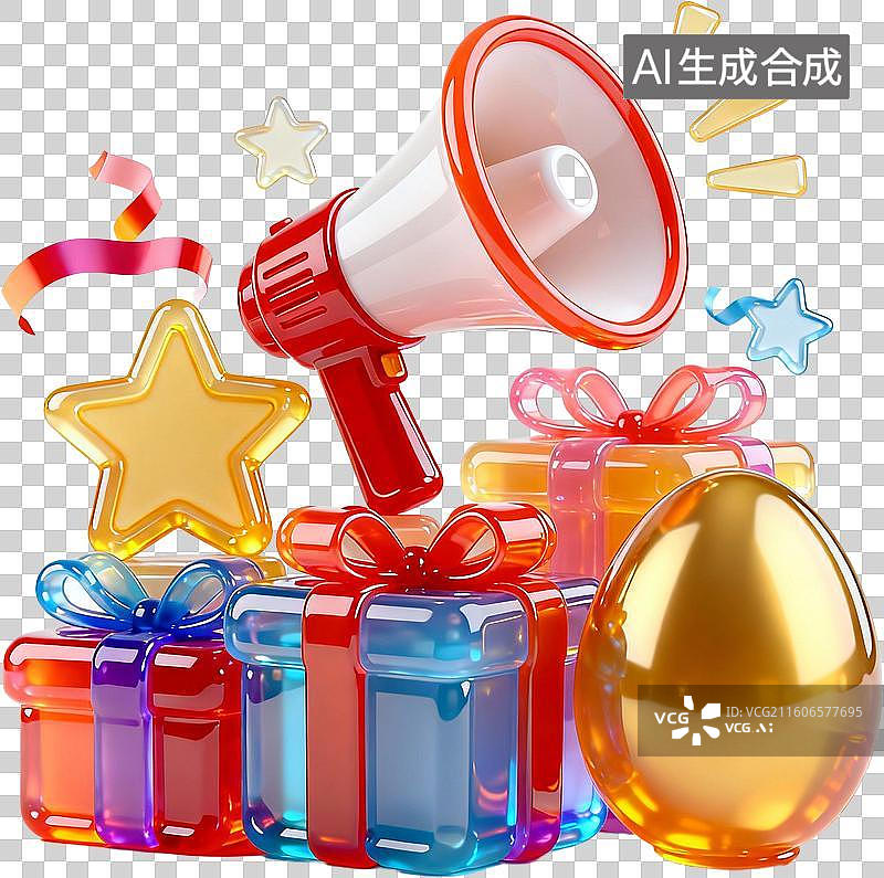 【AI数字艺术】卡通3D渲染果冻玻璃材质立体促销购物金币红包彩蛋插画元素免抠图形图片素材