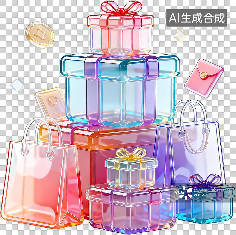【AI数字艺术】卡通3D渲染果冻玻璃材质立体促销购物金币红包彩蛋插画元素免抠图形图片素材