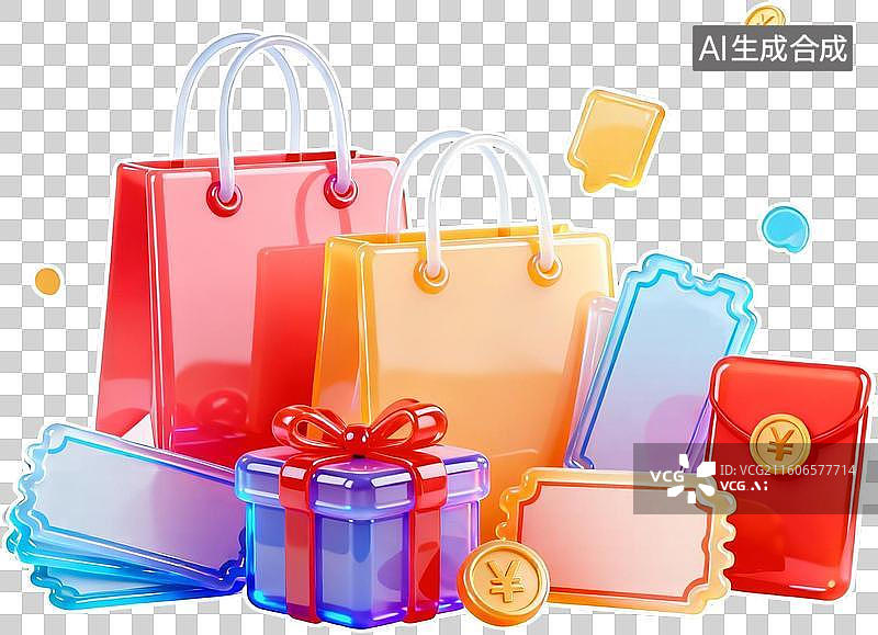 【AI数字艺术】卡通3D渲染果冻玻璃材质立体促销购物金币红包彩蛋插画元素免抠图形图片素材