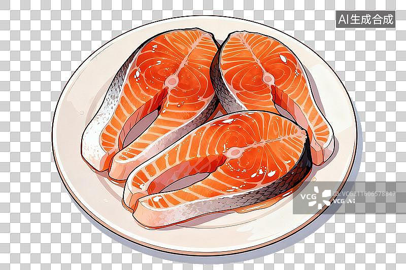 【AI数字艺术】卡通风格，瓷盘中的生鲜三文鱼PNG格式的免扣元素图片素材