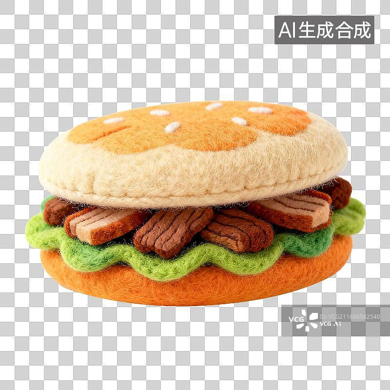 【AI数字艺术】3D羊毛毡风格美食成品菜肴元素汉堡包肉夹馍图片素材