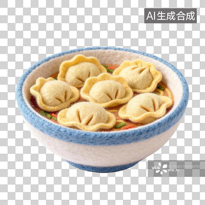 【AI数字艺术】3D羊毛毡风格美食成品菜肴元素馄饨图片素材