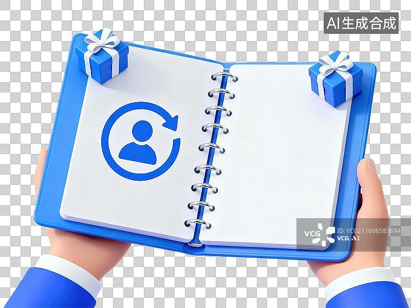 【AI数字艺术】双手持蓝色笔记本，封面有用户循环图标图片素材