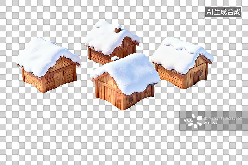 【AI数字艺术】卡通风格，几栋被积雪覆盖的木屋PNG格式的免扣元素图片素材