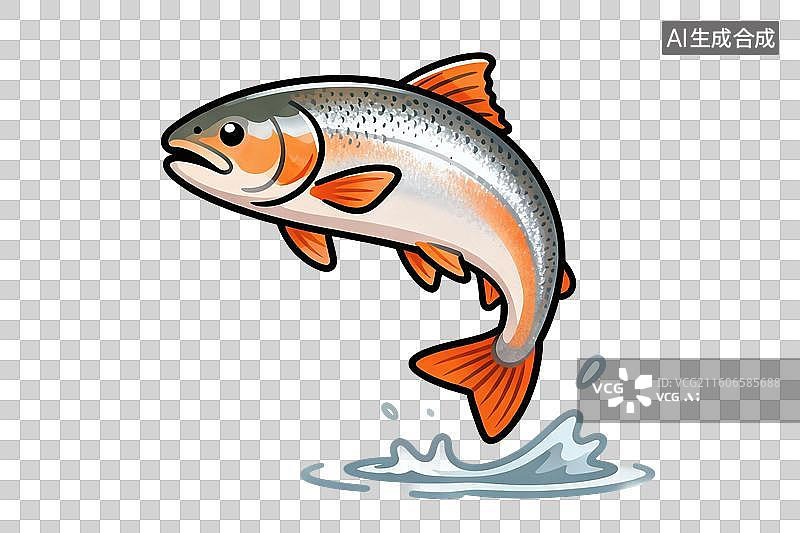 【AI数字艺术】卡通风格，跃出水面的一条三文鱼PNG格式的免扣元素图片素材