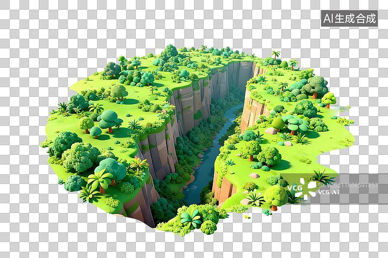 【AI数字艺术】卡通风格，一条植被茂盛的峡谷PNG格式的免扣元素图片素材