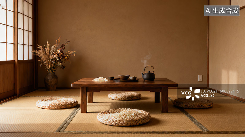 【AI数字艺术】日式禅意的榻榻米矮桌茶具浮世绘茶室空间图片素材