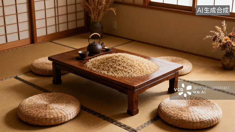 【AI数字艺术】日式禅意的榻榻米矮桌茶具浮世绘茶室空间图片素材