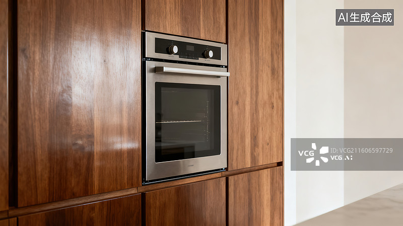 【AI数字艺术】现代简约的胡桃木橱柜嵌入式烤箱厨房空间图片素材