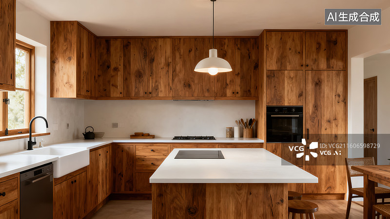【AI数字艺术】现代自然的胡桃木橱柜白色岛台厨房空间图片素材