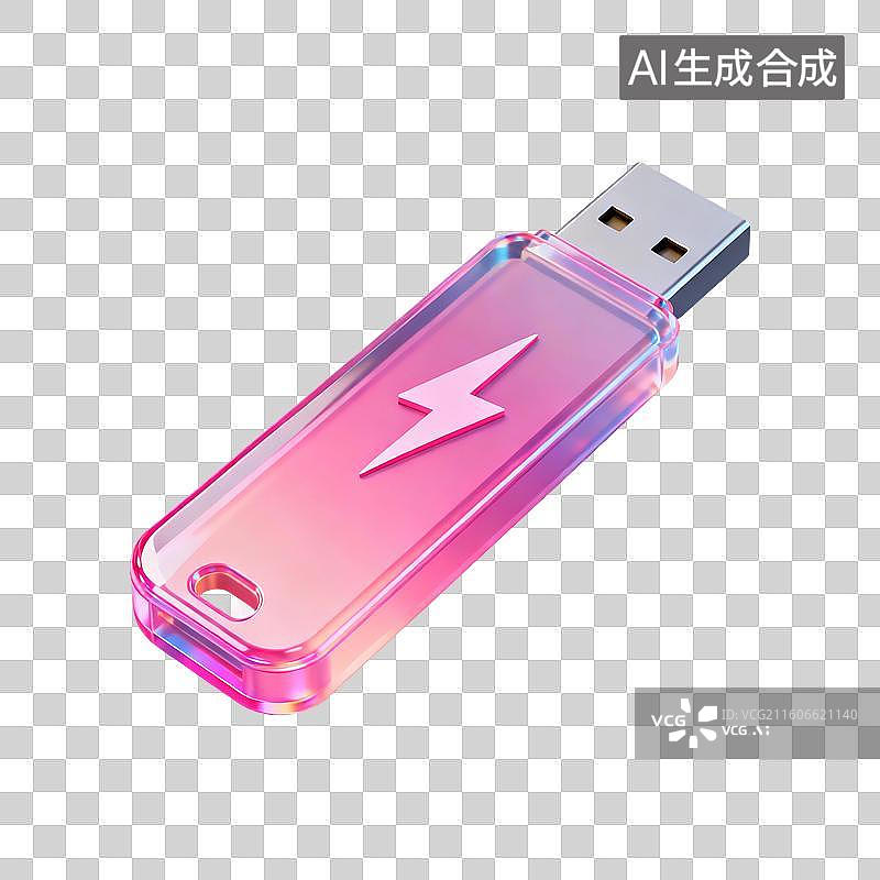 【AI数字艺术】3D渲染，粉色透明卡通U盘元素，免抠元素图片素材