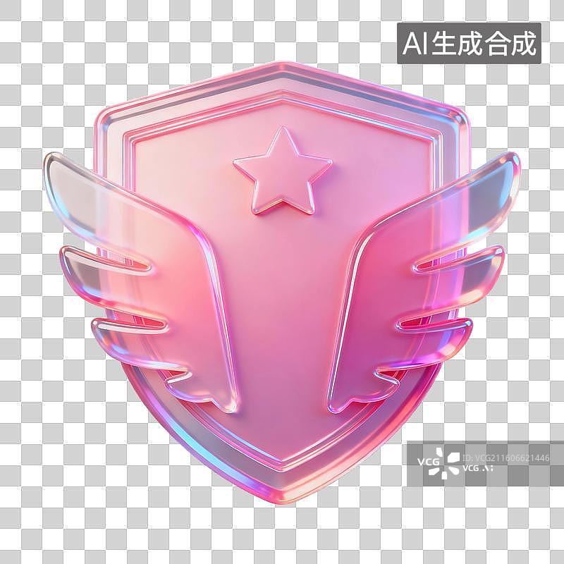 【AI数字艺术】3D渲染，粉色透明质感，盾，盾牌，图形图标免抠元素图片素材