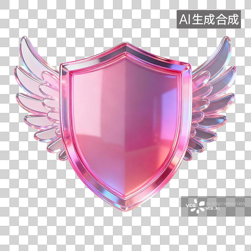 【AI数字艺术】3D渲染，粉色透明质感，盾，盾牌，图形图标免抠元素图片素材