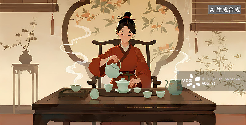 【AI数字艺术】女子品茶静坐室内图片素材