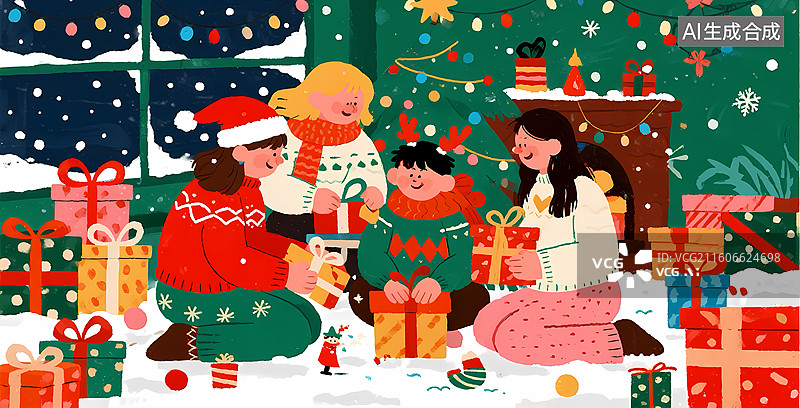 【AI数字艺术】家庭围坐圣诞树下拆礼物图片素材