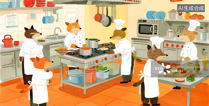 【AI数字艺术】狐狸在厨房烹饪图片素材