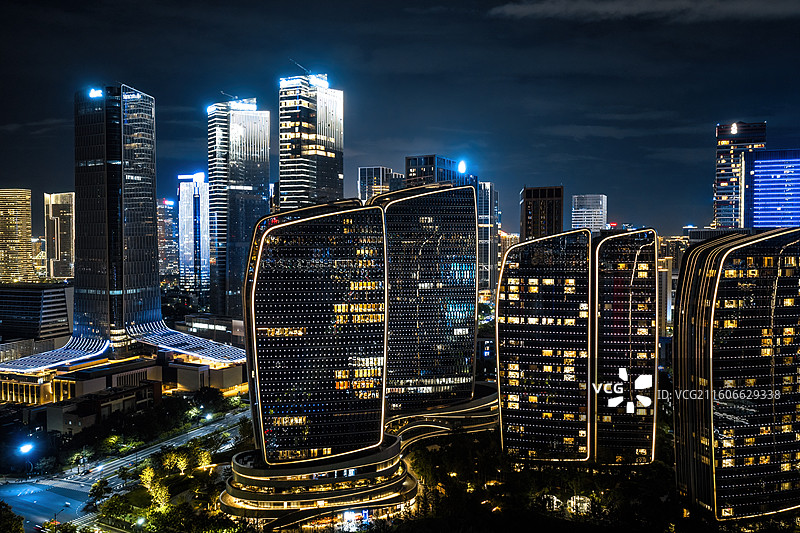 浙江杭州CBD夜景写字楼航拍图片素材