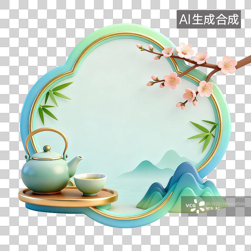 【AI数字艺术】3D渲染，中国风边框，盖碗茶，山水画，茶具，茶壶茶杯，春茶，茶叶，茶文化，茶道免抠元素图片素材