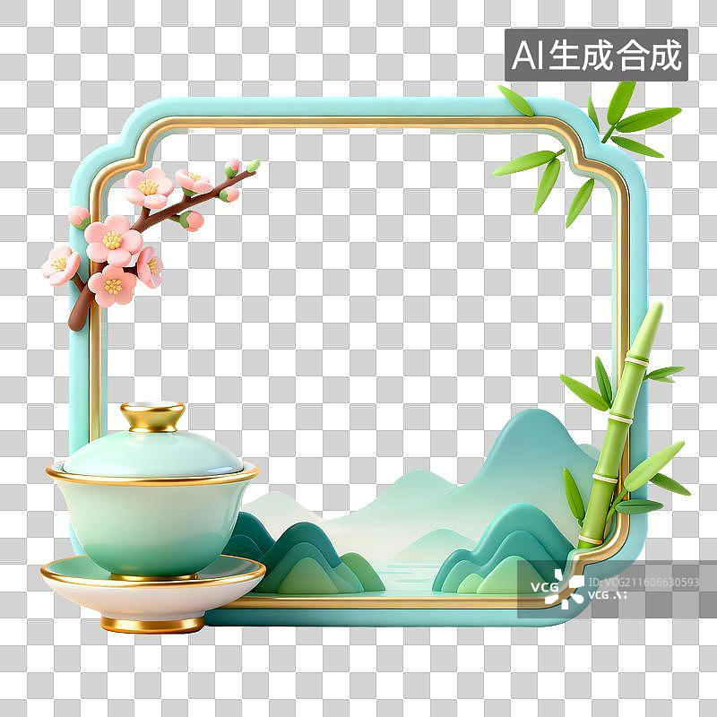 【AI数字艺术】3D渲染，中国风边框，盖碗茶，山水画，茶具，茶壶茶杯，春茶，茶叶，茶文化，茶道免抠元素图片素材