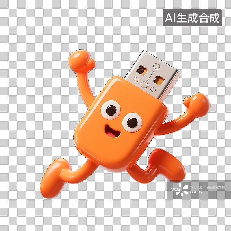 【AI数字艺术】3D渲染，拟人风格，卡通U盘元素，免抠元素图片素材