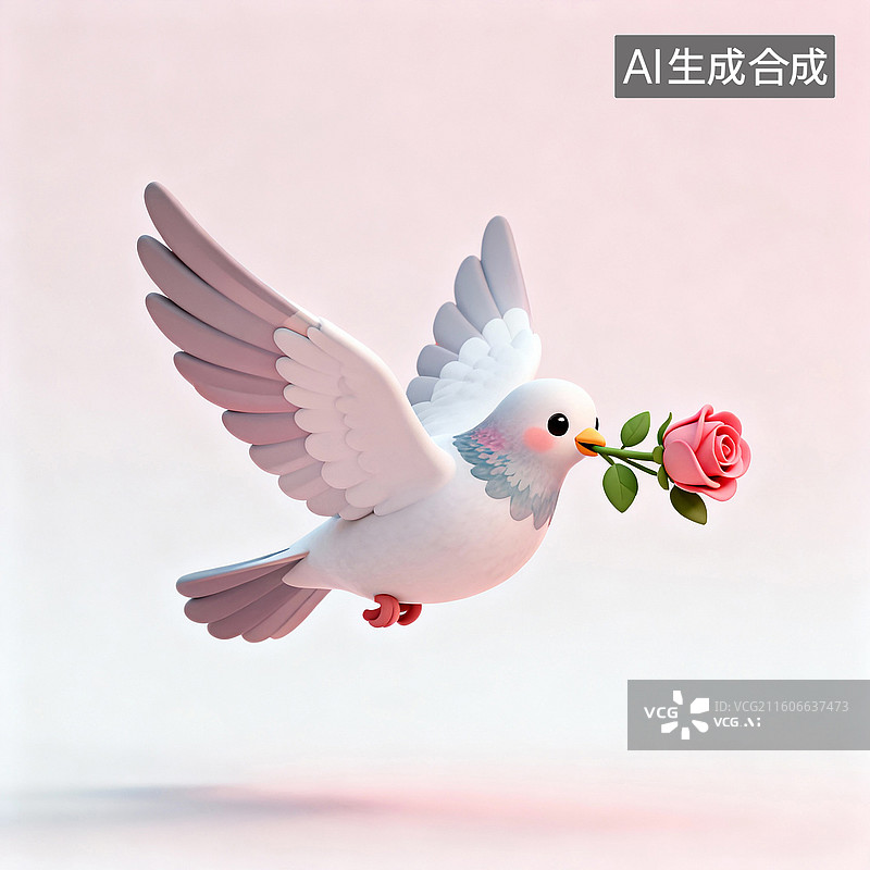 【AI数字艺术】叼着玫瑰花的鸽子婚恋主题创意插画图片素材