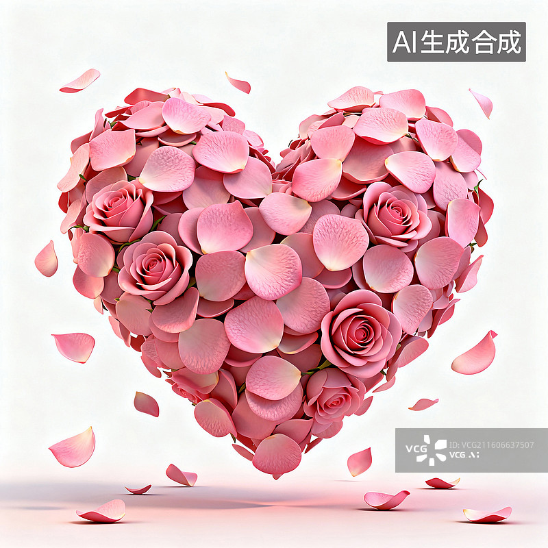 【AI数字艺术】由粉色玫瑰花瓣组成的心 婚恋主题创意插画图片素材