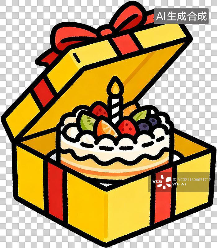 【AI数字艺术】卡通2D扁平描边插画风格生日主题蛋糕寿桃礼物插画元素免抠图形图片素材