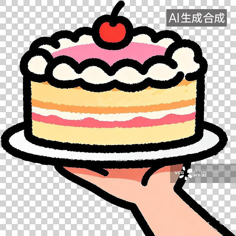 【AI数字艺术】卡通2D扁平描边插画风格生日主题蛋糕寿桃礼物插画元素免抠图形图片素材