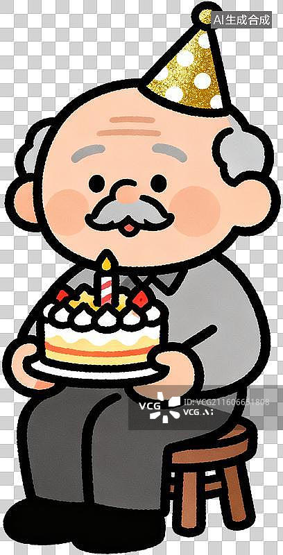 【AI数字艺术】卡通2D扁平描边插画风格生日主题蛋糕寿桃礼物插画元素免抠图形图片素材