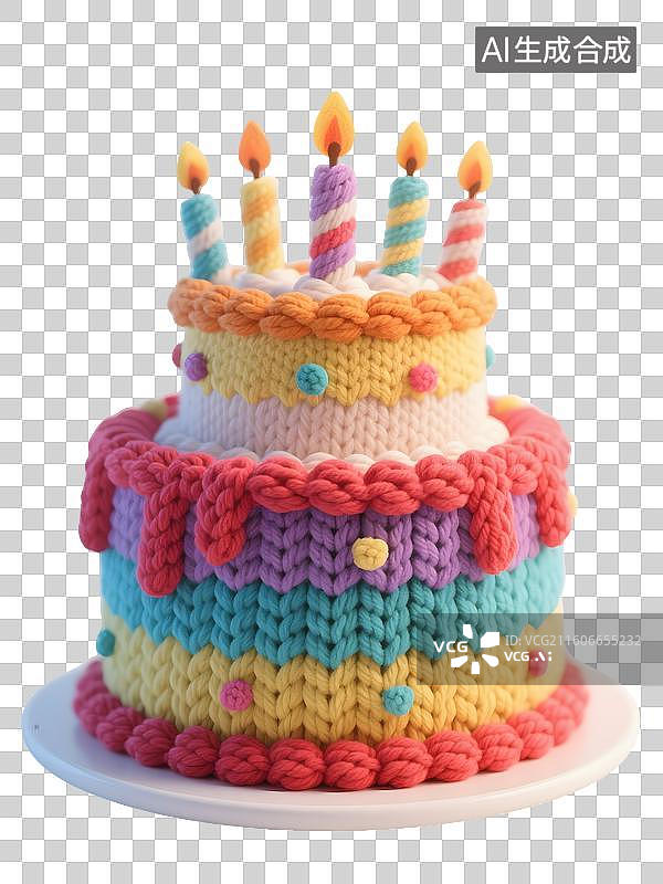 【AI数字艺术】AIGC:3D毛线风格有蜡烛的生日蛋糕，元素，免抠图形图片素材