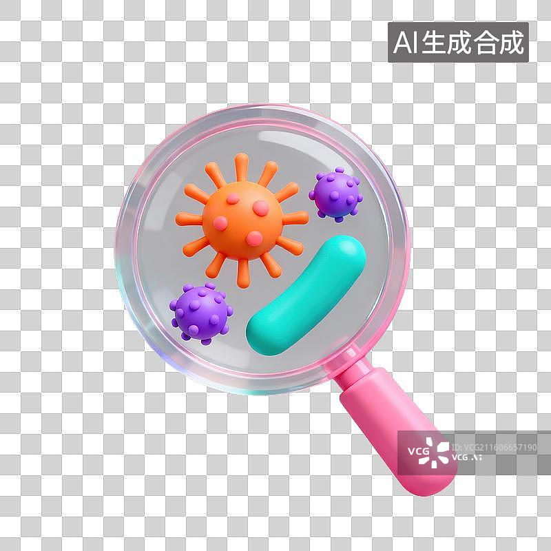 【AI数字艺术】3D磨砂玻璃材质教育主题生物学科学放大镜微生物细胞细菌元素图片素材
