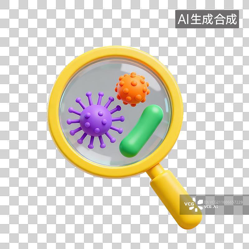 【AI数字艺术】3D磨砂玻璃材质教育主题生物学科学放大镜微生物细胞细菌元素图片素材
