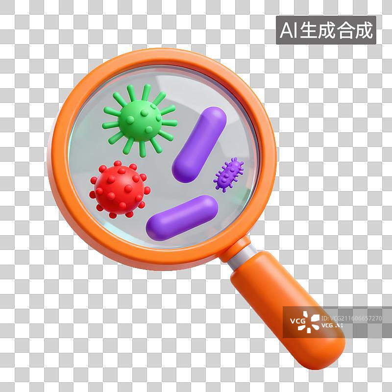 【AI数字艺术】3D磨砂玻璃材质教育主题生物学科学放大镜微生物细胞细菌元素图片素材
