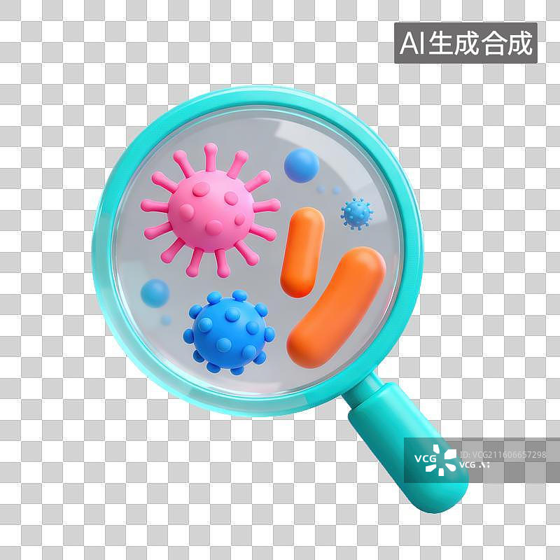 【AI数字艺术】3D磨砂玻璃材质教育主题生物学科学放大镜微生物细胞细菌元素图片素材